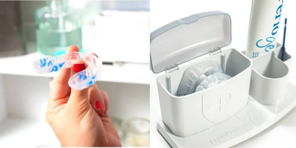 Hand holding mouth tray for perio gel application to prevent periodontitis